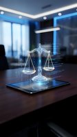 Glowing digital scales of justice hologram emerging from tablet on wooden desk in modern office with blue lighting, representing law, legal technology, and digital compliance.