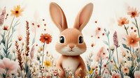 Adorable brown bunny character among spring wildflowers and grass. Soft pastel colors with orange and pink blooms create whimsical garden scene for children decor.