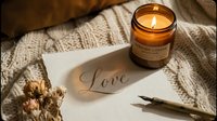 Cozy romantic flat lay with glowing amber candle, handwritten love note, dried flowers, and calligraphy pen on soft knit texture.