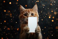 Ginger cat holding blank white card against dark background with golden bokeh lights, perfect for adding custom message or product.