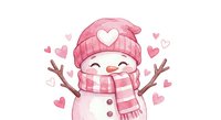 Adorable cartoon snowman with pink knit hat and striped scarf celebrating with raised stick arms surrounded by floating hearts on white background.