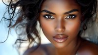 Young African American woman with natural curly hair and glowing skin in soft lighting close-up portrait showing radiant beauty and confidence.