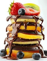 Stacked chocolate and fruit dessert with melted chocolate dripping down layers of dark chocolate, fresh oranges, topped with strawberry, kiwi, and blueberries.