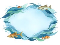 Ocean waves frame with tropical fish and bubbles creating circular border for marine themed designs and summer vacation concepts.