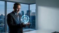 Middle-aged Caucasian businessman in suit holding glowing holographic globe in modern office with city skyline view for technology and global business concepts.