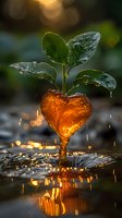 Magical heart-shaped water splash with green leaves growing from it, captured at sunset with golden bokeh. Perfect for Valentine's Day cards, nature inspiration, or environmental concepts.