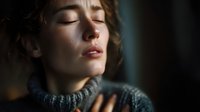 Young woman with closed eyes in emotional moment wearing knit sweater against dark background, soft natural light highlighting facial features.