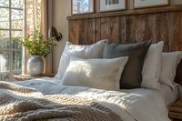 Cozy bedroom interior with rustic wooden headboard, soft white bedding, gray pillows, knitted throw blanket, and potted plant by window in morning light.