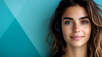 Young Mediterranean woman with wavy brown hair and blue eyes smiling confidently against turquoise geometric background. Natural makeup and modern headphones create contemporary lifestyle portrait.
