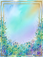 Watercolor gradient background with turquoise, purple, and yellow hues, featuring golden double frame border and paw print decorative elements in green and blue tones. Isolated design suitable for pet-related projects, greeting cards, and social media graphics.