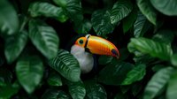 Vibrant toco toucan perched among lush green foliage in tropical rainforest setting, distinctive orange beak contrasting against dark leaves creates dramatic nature scene.