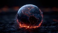 Glowing planet Earth with red lava-like illuminated borders against dark background, showing Americas continents. Futuristic global concept visualization.