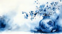 Delicate blue floral arrangement in porcelain vase with cherry blossoms and wildflowers creating serene monochromatic watercolor composition against misty background.