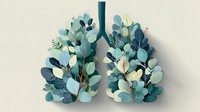 Creative anatomical illustration of lungs formed from blue and teal eucalyptus leaves with white floral accents, symbolizing respiratory health and nature connection.