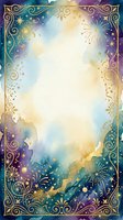 Ornate gold filigree frame with watercolor gradient background in purple, teal, and gold tones, featuring decorative fireworks and stars, isolated on white space for design use.