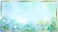 Dental care icons and tooth symbols arranged in a row with watercolor blue and green landscape background, isolated on white for healthcare marketing, dentistry clinic design, and dental practice branding.