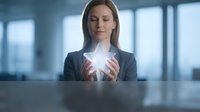 Professional businesswoman holding glowing light orb in modern office representing innovation, creativity and bright ideas for corporate success.