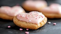Soft sugar cookie with pink frosting and heart-shaped sprinkles on dark background, shallow depth of field macro food photography for Valentine's Day baking.