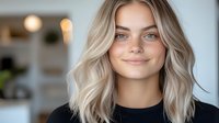 Young woman with platinum blonde wavy hair and natural makeup smiling warmly at camera against blurred modern interior background. Genuine expression and soft lighting.