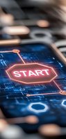 Glowing start button on digital interface with circuit pattern background in blue and red neon colors, modern technology concept for business solutions.