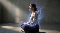 Young Asian woman meditating in lotus position with ethereal blue energy aura and sunlight beam creating spiritual atmosphere for wellness content.
