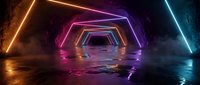 Futuristic neon tunnel with glowing geometric frames in purple, orange and blue lights creating sci-fi corridor atmosphere for digital backgrounds.