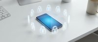 Smartphone with digital security shield icons floating above screen showing mobile data protection and cybersecurity technology on white desk.