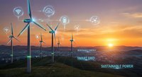 Wind turbines generating renewable energy at sunset with smart grid technology icons and connectivity symbols for sustainable power solutions.
