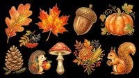 Autumn clipart set with leaves, acorn, pumpkin, mushroom, squirrel, hedgehog, pine cone, and berries. Isolated on transparent background, ready for T-shirts, stickers, and print on demand.
