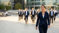 Professional businesswoman in navy suit walking confidently in modern urban plaza with blurred colleagues in background during golden hour lighting.