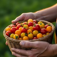 Hands holding wicker basket filled with colorful cherry tomatoes red yellow orange varieties fresh harvest from organic garden for healthy cooking.