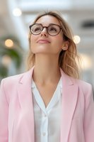 Young Caucasian businesswoman in pink blazer and glasses looking up with confident smile against blurred background with bokeh lights. Professional portrait for business.