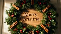 Festive Christmas wreath with cinnamon sticks, holly berries, and pine branches on a wooden door with Merry Christmas text.