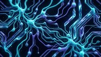 Glowing cyan and purple neural network pathways with flowing circuit patterns on dark background, suitable for technology and digital innovation concepts.