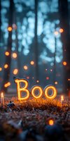 Glowing BOO text with string lights in mystical autumn forest setting, surrounded by fallen leaves and candles, creating spooky Halloween atmosphere.