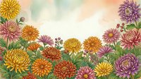 Watercolor chrysanthemum flowers border frame with colorful blooms in yellow, orange, pink and purple tones on soft pastel background for autumn designs.