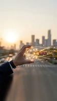 Hand holding glowing network connection with golden light particles and data streams flowing over urban cityscape at sunset, representing digital technology and global communication.