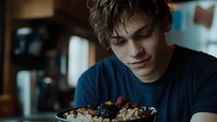 Young man enjoying healthy breakfast bowl with berries and granola in modern kitchen setting for wellness lifestyle content.