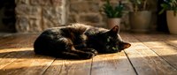 Black cat resting on wooden floor in sunlight near potted plants, relaxed feline lounging indoors for pet and home decor content.
