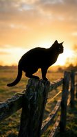 Black cat silhouette sitting on wooden fence post at golden sunset in rural countryside landscape with warm orange sky and peaceful farm scenery.