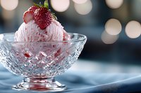 Pink strawberry ice cream scoop in crystal glass bowl garnished with fresh berry, soft bokeh lights background creates romantic dessert mood.