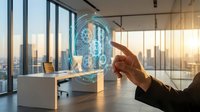 Businessman hand touching futuristic holographic security shield with digital lock icons in modern office with city skyline at sunset.