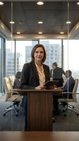 Professional businesswoman executive standing in modern conference room with tablet device during corporate meeting in downtown office building.
