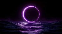 Glowing purple neon circle ring floating above dark ocean waves at night creating mystical sci-fi atmosphere for digital art and futuristic design projects.