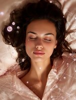 Young woman with dark curly hair sleeping peacefully on silk bedding surrounded by dreamy bokeh lights and constellation patterns, expressing serenity and wellness.