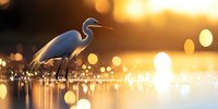 Great egret standing in calm water at golden sunset with bokeh light reflections creating dreamy atmosphere. Wildlife photography in natural habitat.