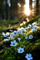 Delicate white woodland anemones blooming in spring forest moss, backlit by golden sunbeams creating magical atmosphere during sunrise or sunset.