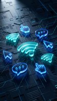 Futuristic holographic wifi signals and communication icons floating above digital circuit board background for technology and connectivity concepts.