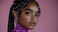 Young African American woman with braided hairstyle adorned with crystals, glossy makeup, and purple sequin high-neck fashion piece against pink background for beauty and fashion campaigns.