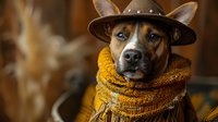 Mixed breed dog wearing brown fedora hat and yellow knitted scarf looking at camera with soulful expression against warm autumn background. Cozy pet portrait.